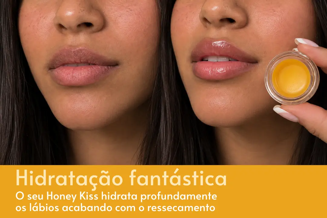Pote do balm labial HoneyKiss sabor Mel, ao lado de favo de mel, foto 4