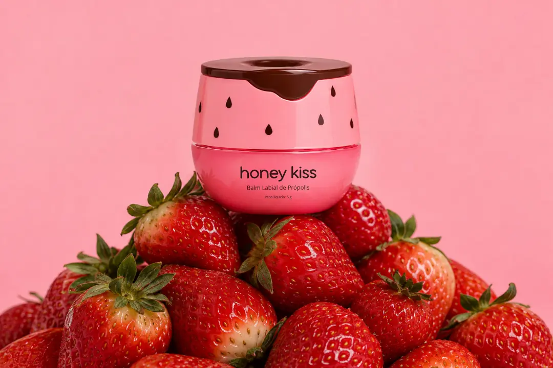 Pote do balm labial HoneyKiss sabor Morango, cercado de morangos